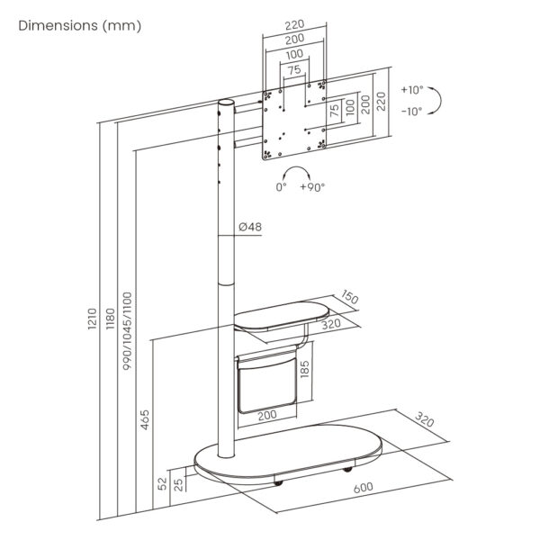 BRATECK βάση δαπέδου FS54-22T-02W για τηλεόραση 17-43" έως 15kg, με ράφι & ροδάκια - Image 7