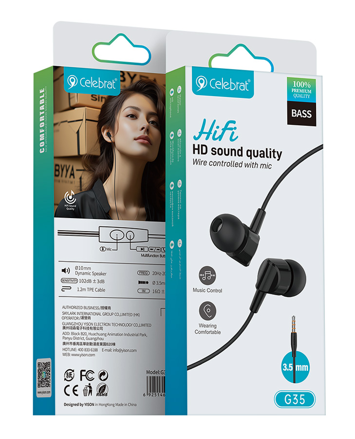 CELEBRAT earphones με μικρόφωνο G35, 3.5mm σύνδεση, 10mm, 1.2m, μαύρα - Image 5