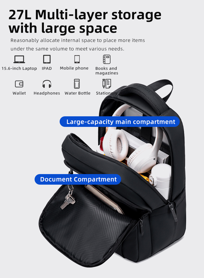 GOLDEN WOLF τσάντα πλάτης GB00711 με θήκη laptop 15.6", 27L, μαύρη - Image 9