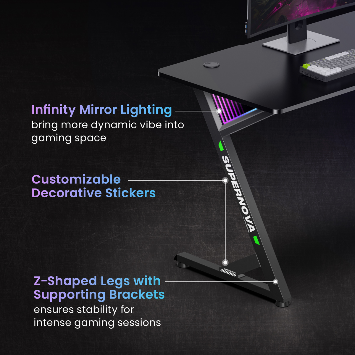 BRATECK gaming γραφείο GMD14-1 με RGB φωτισμό, 120x60x75cm, μαύρο - Image 4