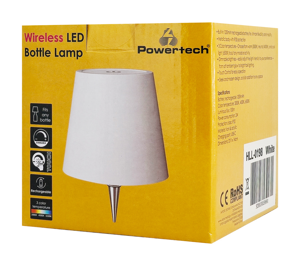 POWERTECH LED φωτιστικό για μπουκάλι HLL-0198, ρυθμιζόμενο, επαναφορτιζόμενο, λευκό - Image 5