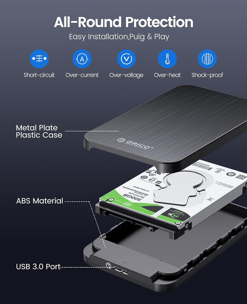 ORICO θήκη για 2.5" SATA HDD/SSD HM25U3, 5Gbps, μαύρη - Image 3