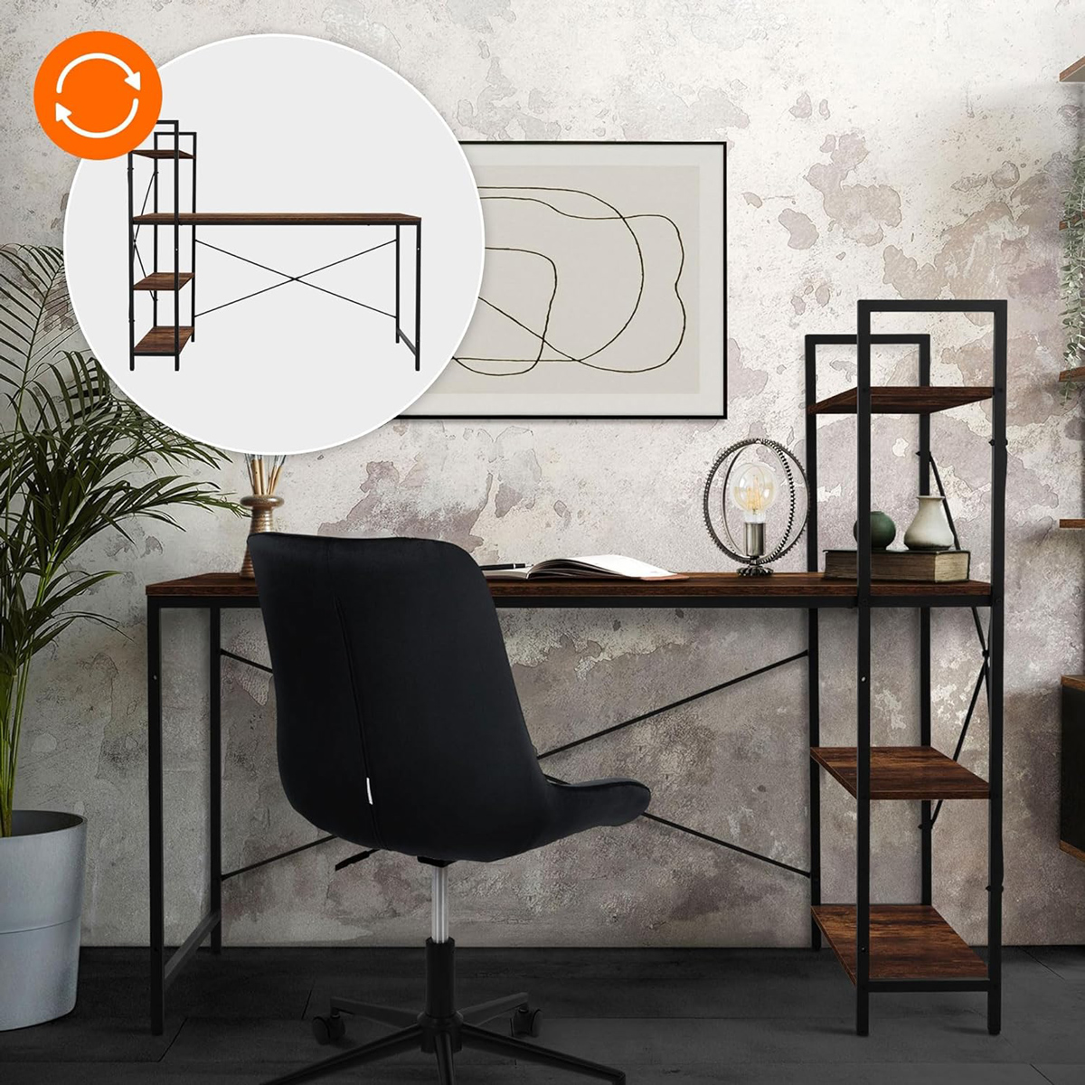 HOME USE γραφείο HUH-0249 με ραφιέρα, 120x60x122cm, καφέ/μαύρο - Image 2