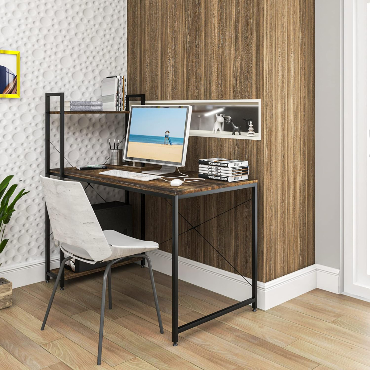 HOME USE γραφείο HUH-0249 με ραφιέρα, 120x60x122cm, καφέ/μαύρο - Image 3