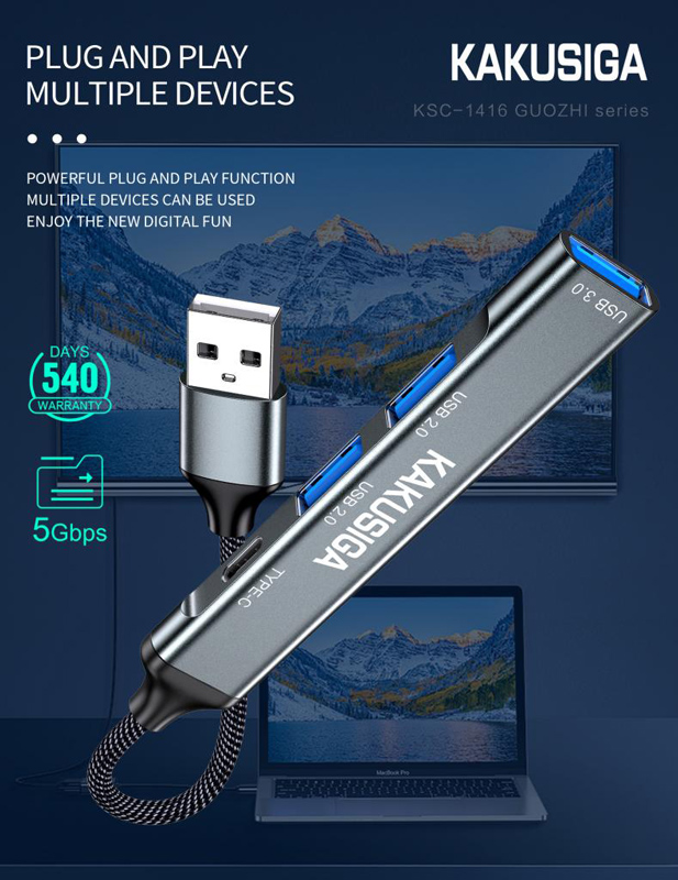 KAKUSIGA USB hub KSC-1416, 4x θυρών, USB 3.0, 5Gbps, USB σύνδεση, γκρι - Image 3