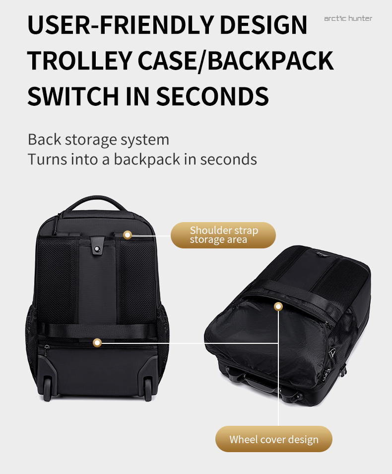 ARCTIC HUNTER τσάντα ταξιδίου LG00657-1 με θήκη laptop 15.6", τροχήλατη, 27L, μαύρη - Image 4