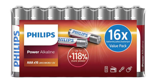 PHILIPS Power αλκαλικές μπαταρίες LR03P16F/10, AAA LR03 1.5V, 16τμχ