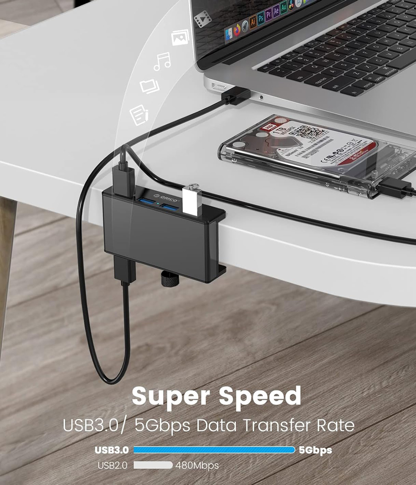 ORICO USB hub MH4PU-P με σφιγκτήρα, 4x θυρών, 5Gbps, USB σύνδεση, μαύρο - Image 2
