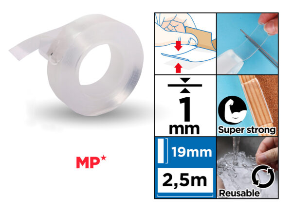 MP κολλητική ταινία διπλής όψεως PA524-02, nano gel, 19mm x 2.5m, διάφανη - Image 2