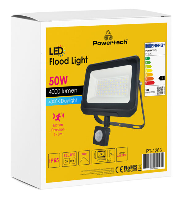 POWERTECH LED προβολέας PT-1263, με αισθητήρα κίνησης, 50W, 4000K, IP65 - Image 2