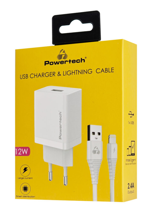 POWERTECH φορτιστής τοίχου PT-1323 με καλώδιο Lightning, USB, 12W, λευκός - Image 2