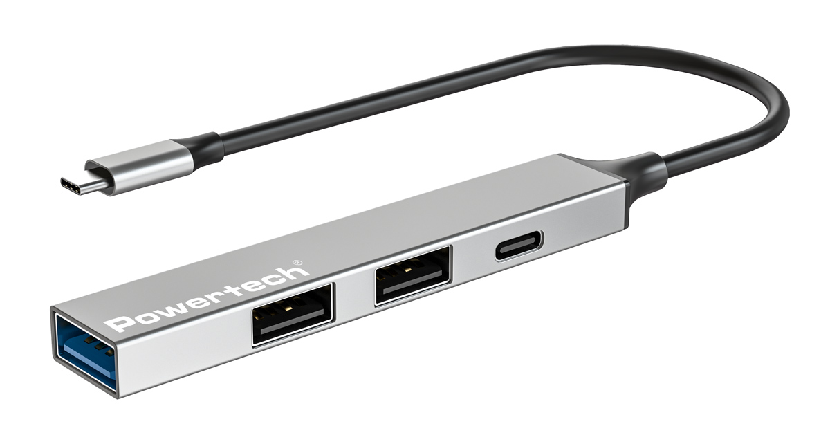 POWERTECH USB hub PT-1412, 4x θυρών, USB 3.2, 5Gbps, USB-C σύνδεση, γκρι