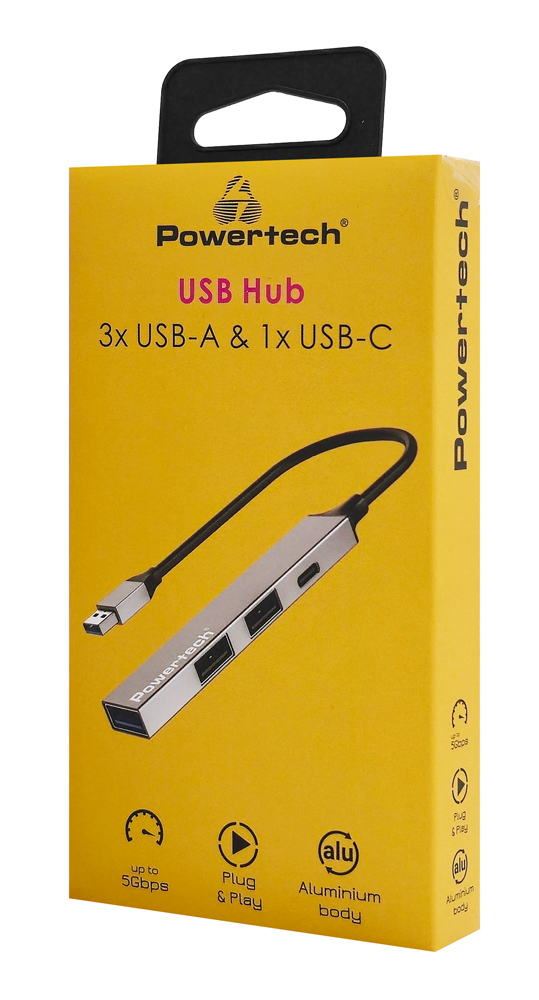 POWERTECH USB hub PT-1413, 4x θυρών, USB 3.2, 5Gbps, USB σύνδεση, γκρι - Image 2