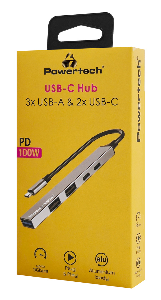 POWERTECH USB hub PT-1414, 5x θυρών, USB 3.2, 5Gbps, 100W, USB-C σύνδεση, γκρι - Image 2