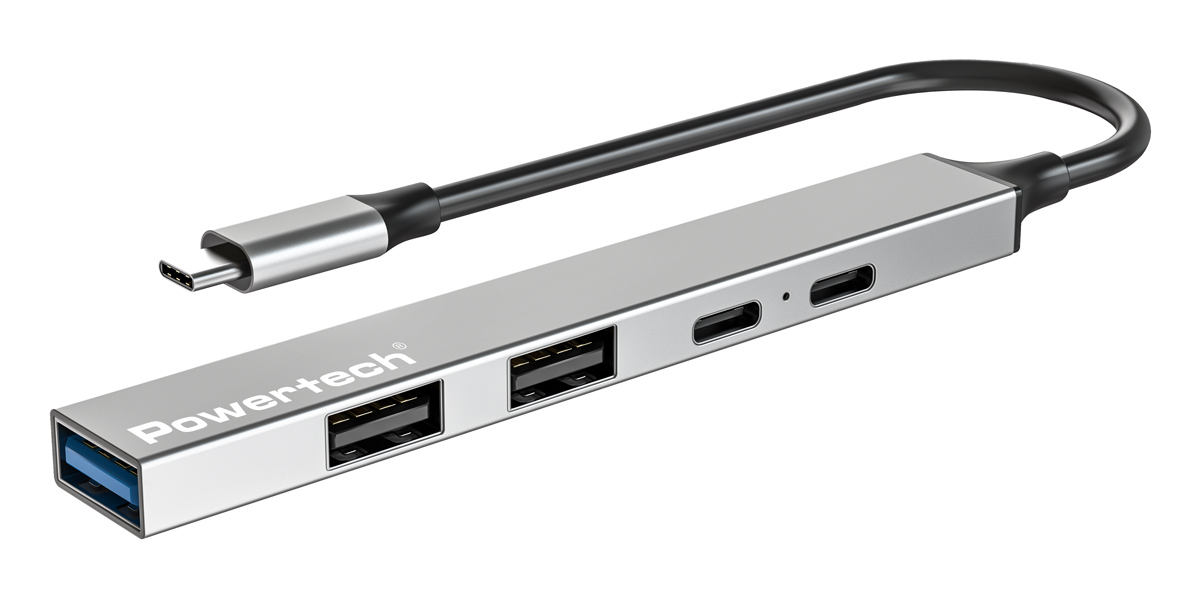 POWERTECH USB hub PT-1414, 5x θυρών, USB 3.2, 5Gbps, 100W, USB-C σύνδεση, γκρι