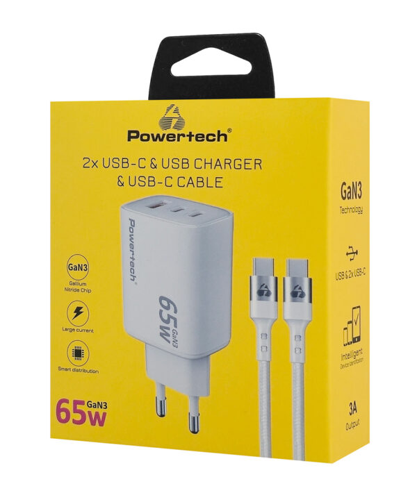 POWERTECH φορτιστής τοίχου PT-1415 με καλώδιο, USB/2x USB-C, 65W, GaN, λευκός - Image 2