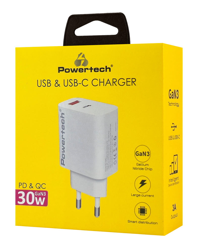 POWERTECH φορτιστής τοίχου PT-1433, USB/USB-C, 30W, GaN, λευκός - Image 2