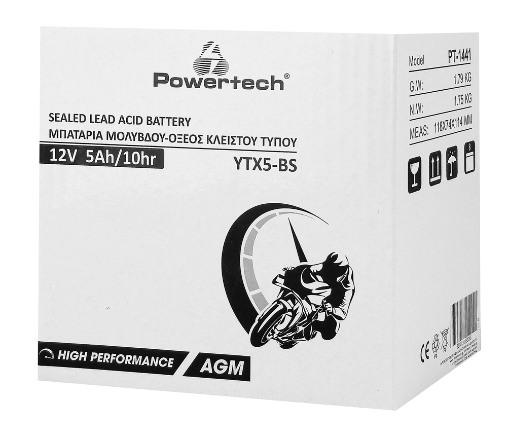 POWERTECH μπαταρία μολύβδου μοτοσυκλέτας PT-1441, 12V 5Ah, AGM, YTX5-BS - Image 2