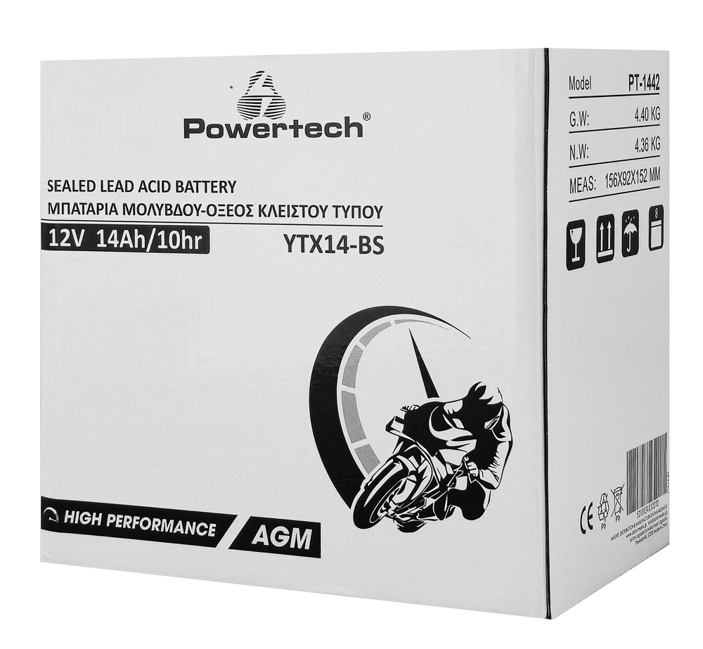 POWERTECH μπαταρία μολύβδου μοτοσυκλέτας PT-1442, 12V 14Ah, AGM, YTX14-BS - Image 2