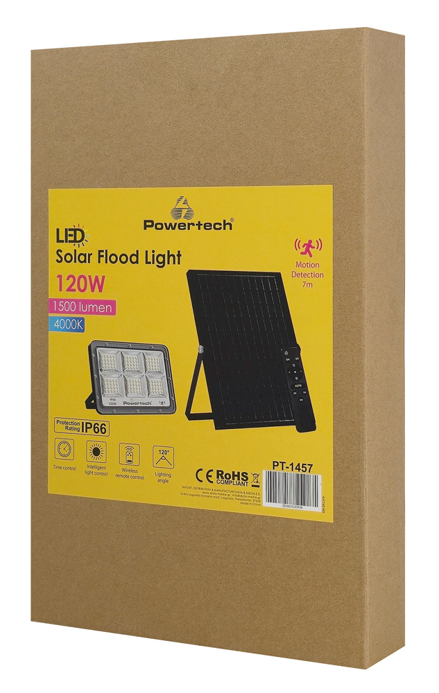 POWERTECH LED ηλιακός προβολέας PT-1457 με τηλεχειριστήριο, αισθητήρας κίνησης, 120W, 4000K, 1500lm, IP66 - Image 2