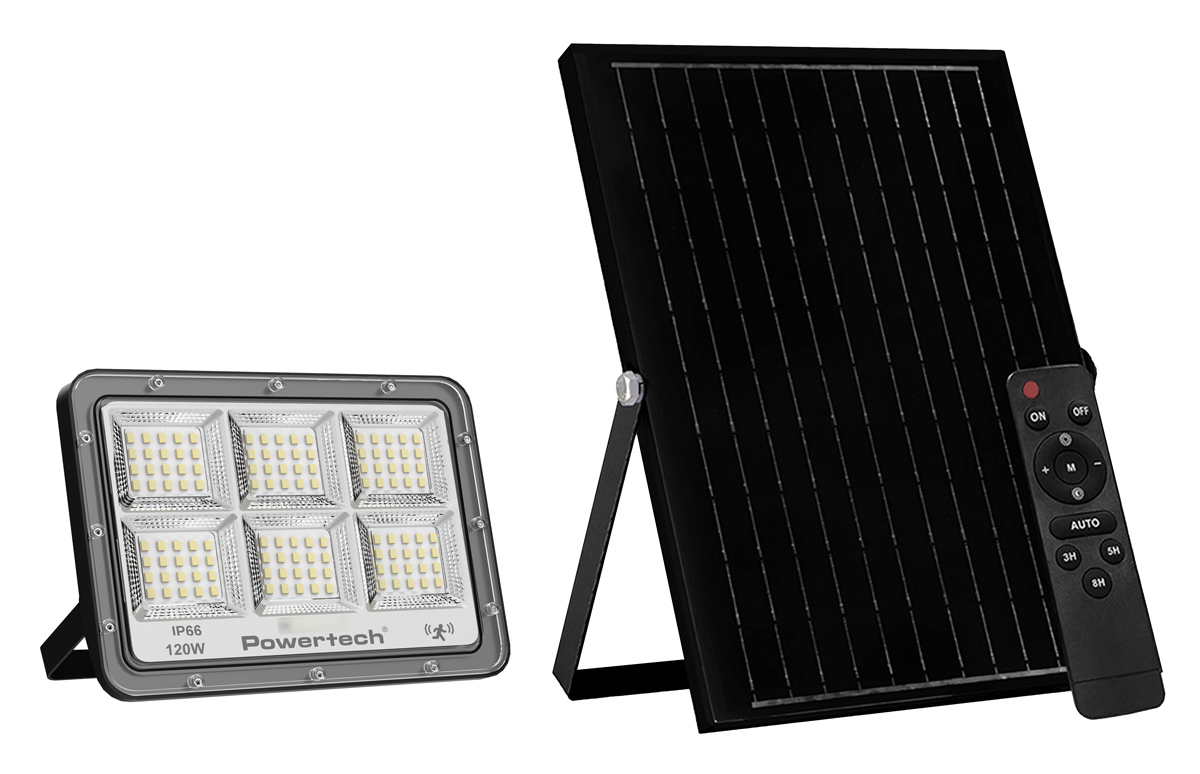 POWERTECH LED ηλιακός προβολέας PT-1457 με τηλεχειριστήριο, αισθητήρας κίνησης, 120W, 4000K, 1500lm, IP66