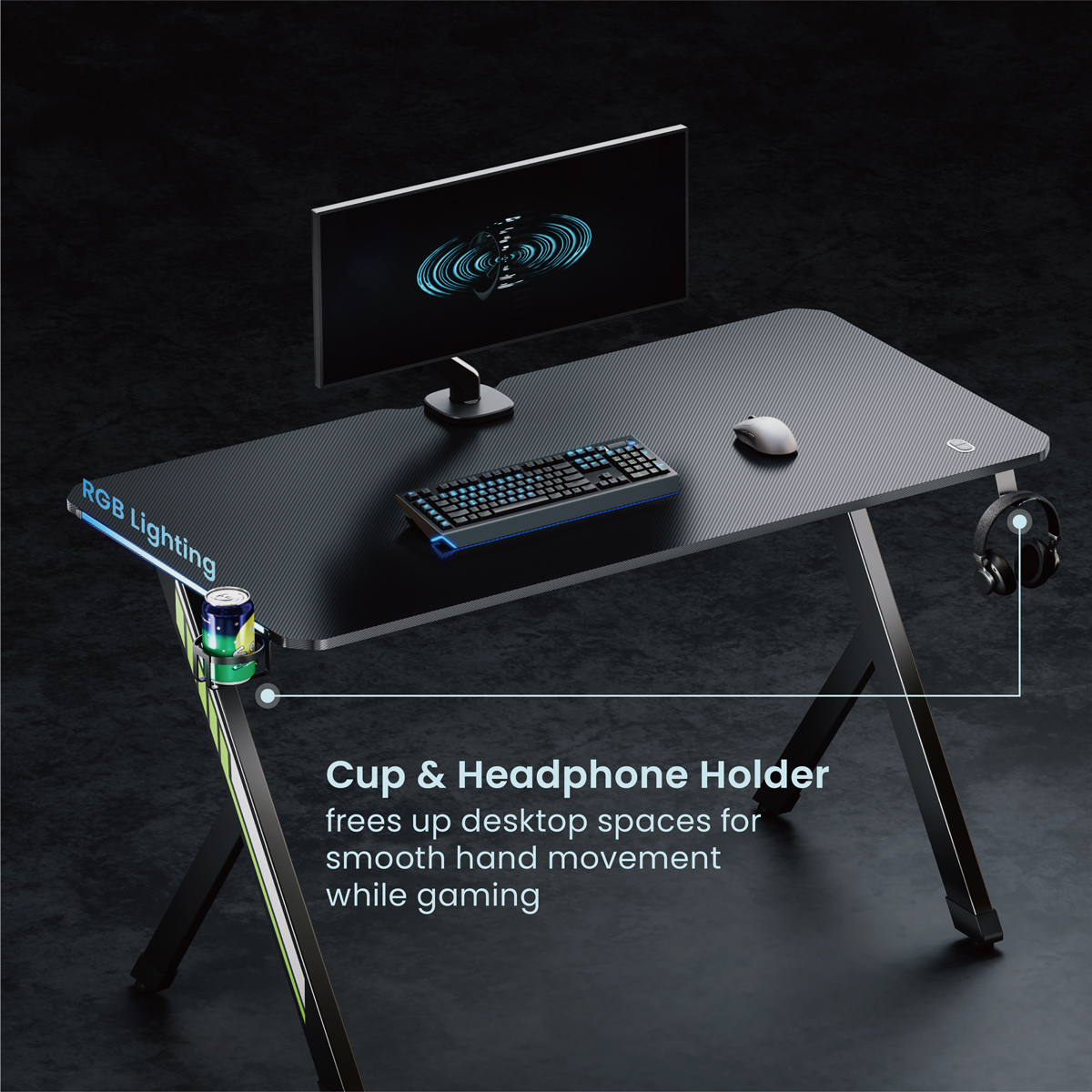 POWERTECH gaming γραφείο PT-1498 με RGB φωτισμό, 120x60x75cm, μαύρο - Image 3