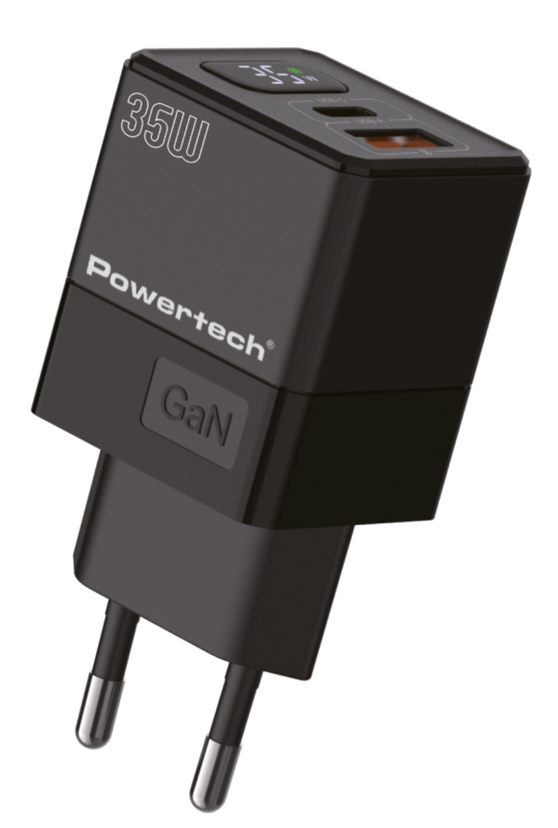 POWERTECH φορτιστής τοίχου PT-1499 με οθόνη, USB/USB-C, 35W, GaN, μαύρος - Image 2