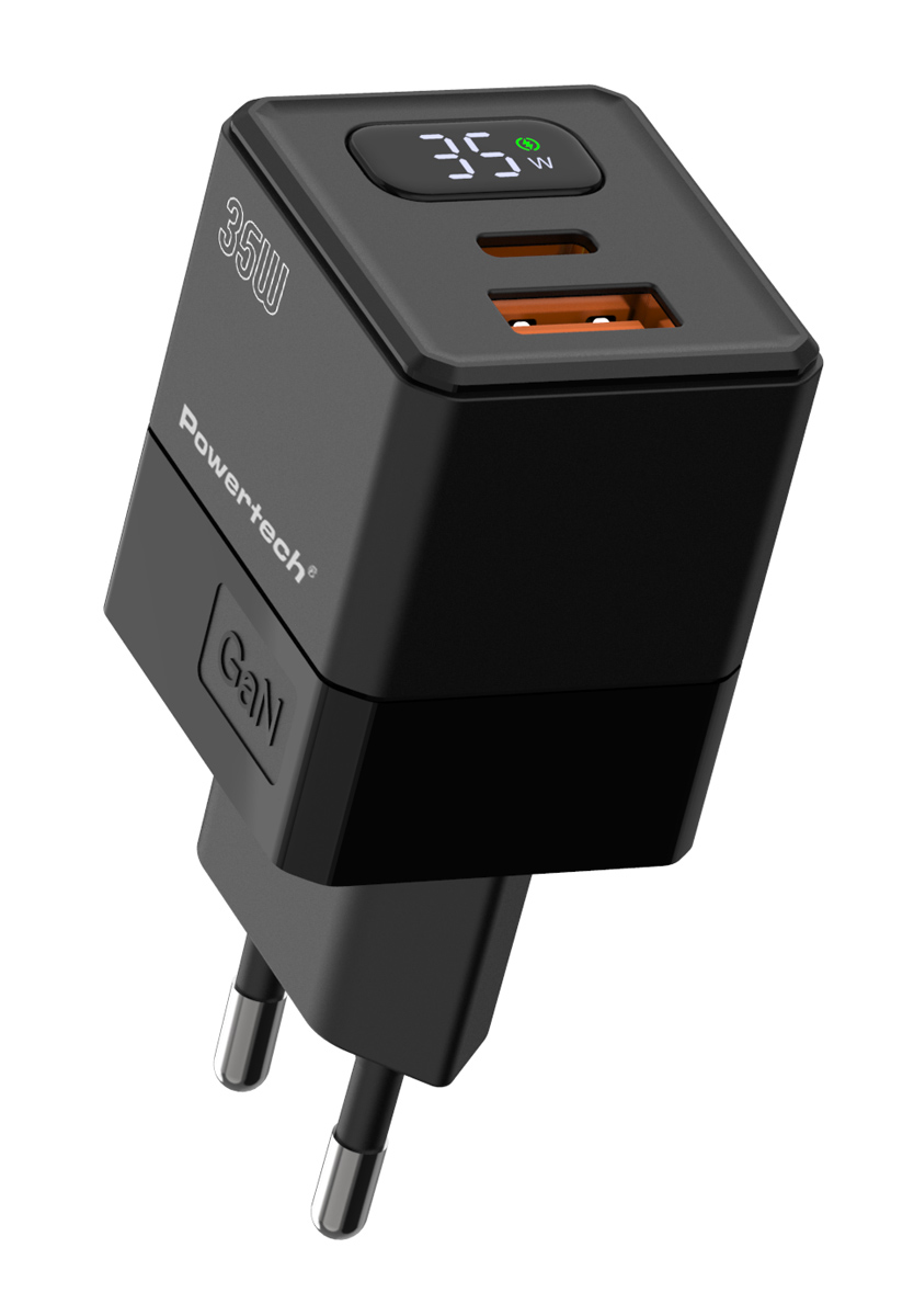 POWERTECH φορτιστής τοίχου PT-1499 με οθόνη, USB/USB-C, 35W, GaN, μαύρος - Image 3