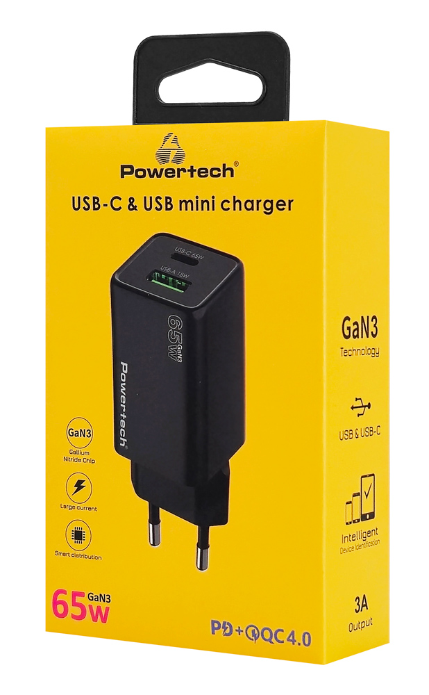 POWERTECH φορτιστής τοίχου PT-1501, USB/USB-C, 65W, GaN, μαύρος - Image 4