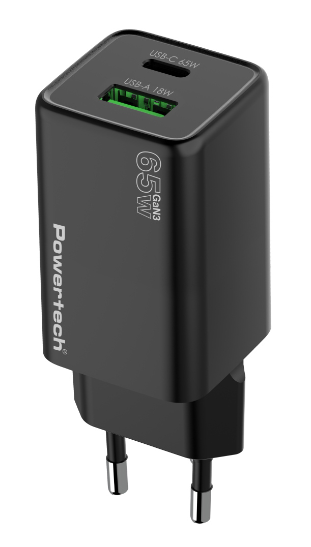 POWERTECH φορτιστής τοίχου PT-1501, USB/USB-C, 65W, GaN, μαύρος