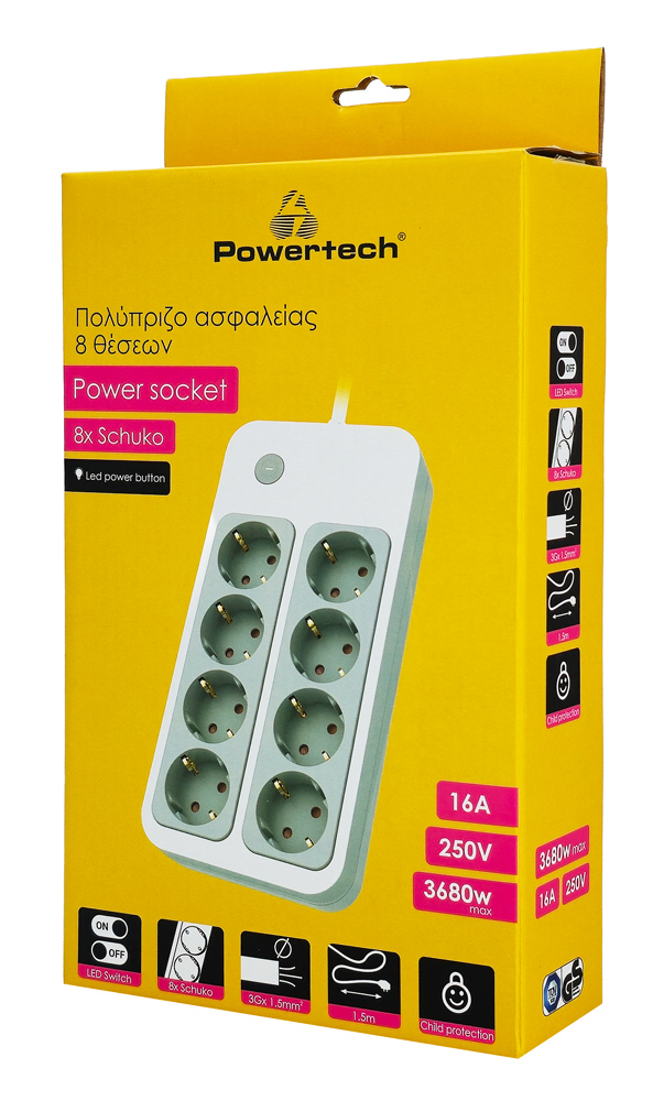 POWERTECH πολύπριζο ασφαλείας PT-1534, 8 θέσεων, 16A, 1.5m, λευκό - Image 4