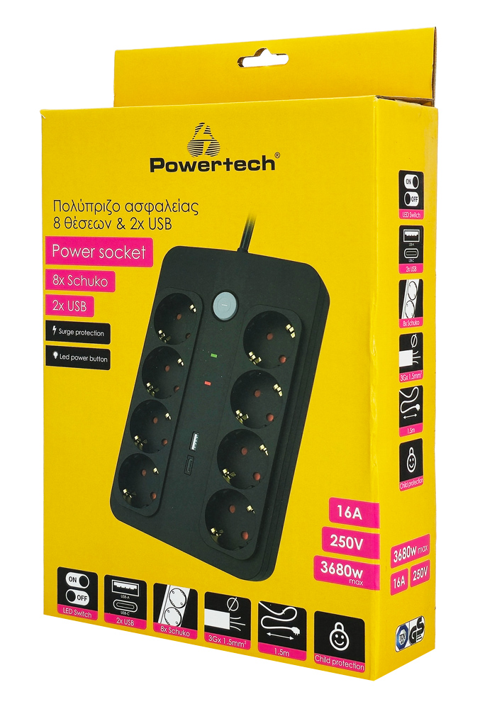 POWERTECH πολύπριζο ασφαλείας PT-1535, 8 θέσεων, με USB & USB-C θύρες, 16A, 1.5m, μαύρο - Image 4
