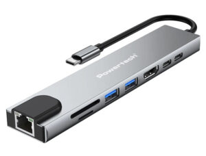 POWERTECH docking station PT-1536, 8 θυρών, USB-C σύνδεση, 87W PD, 100Mbps, γκρι