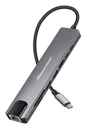 POWERTECH docking station PT-1537, 8 θυρών, USB-C σύνδεση, 100W PD, 1000Mbps, γκρι