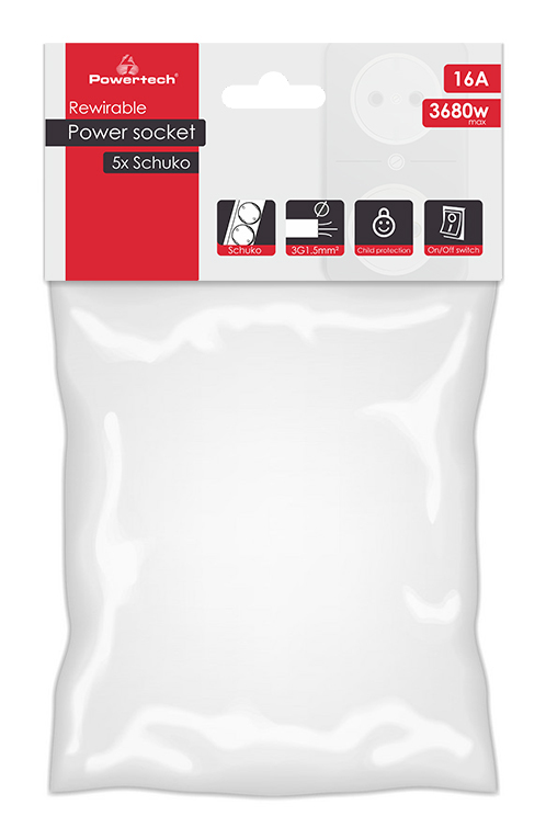 POWERTECH πολύπριζο PT-886, 5x schuko, 16A, χωρίς καλώδιο, λευκό - Image 2