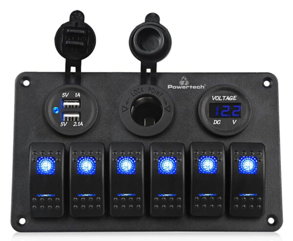 POWERTECH πάνελ σκαφών & οχημάτων PTL-020, πρίζα 12V/2x USB/6x διακόπτες