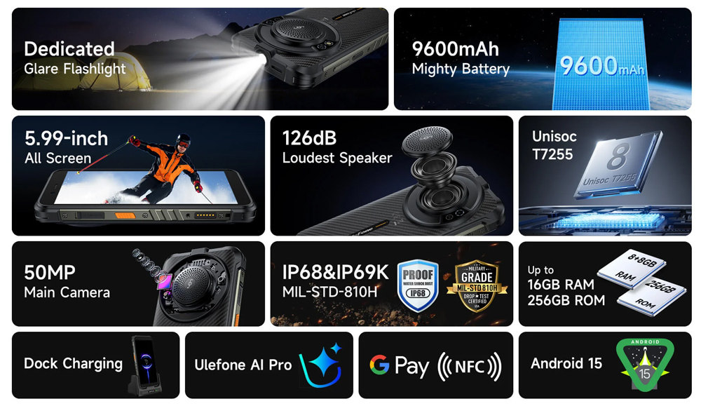 ULEFONE smartphone RugKing με ηχείο 3.5W, 5.99", 8/256GB, 9600mAh, IP68/IP69K, μαύρο - Image 11