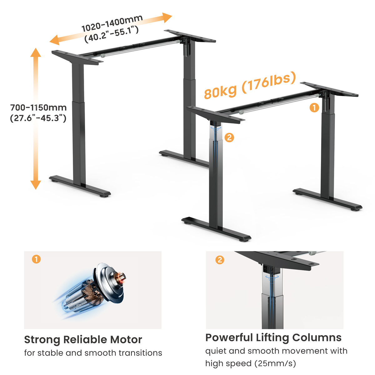 BRATECK σκελετός ηλεκτρικού γραφείου S22-22D, 1020~1400x600x700~1150mm, μαύρο - Image 3