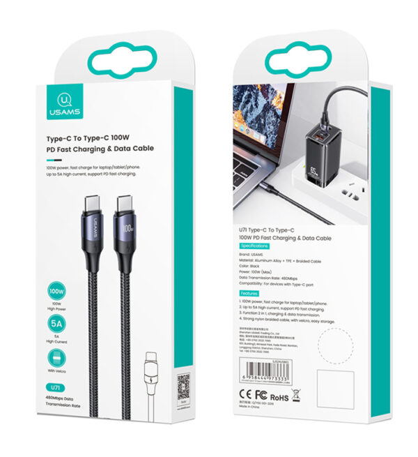 USAMS καλώδιο USB-C US-SJ524, 100W/5A, PD, 1.2m, μαύρο - Image 3
