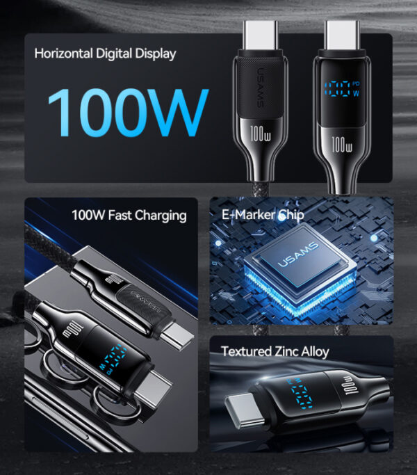 USAMS καλώδιο USB-C SJ742, 100W, 480Mbps, 1.2m, λευκό - Image 2