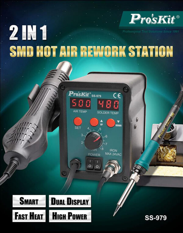 PROSKIT σταθμός συγκόλλησης SS-979B, κολλητήρι/air gun, 760W, 200-480 °C - Image 2