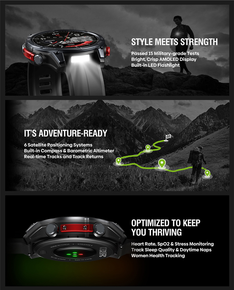 ZEBLAZE smartwatch Stratos 4 με φακό, heart rate, 1.43" AMOLED, GPS, 5 ΑΤΜ, MIL-STD-810H, μαύρο - Image 2