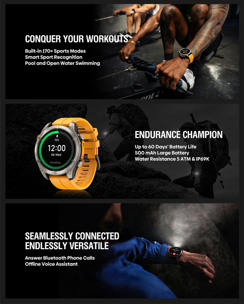 ZEBLAZE smartwatch Stratos 4 με φακό, heart rate, 1.43" AMOLED, GPS, 5 ΑΤΜ, MIL-STD-810H, μαύρο - Image 3