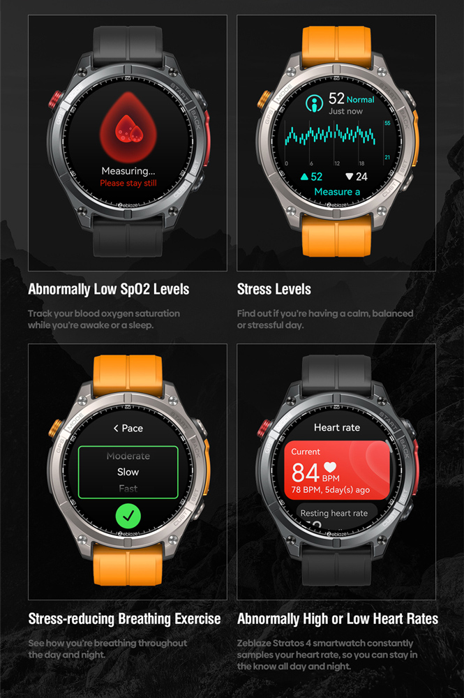 ZEBLAZE smartwatch Stratos 4 με φακό, heart rate, 1.43" AMOLED, GPS, 5 ΑΤΜ, MIL-STD-810H, μαύρο - Image 5