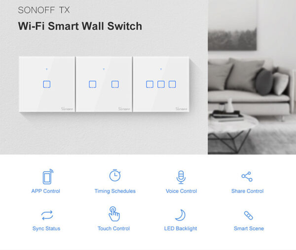 SONOFF smart διακόπτης ΤΧ-T2EU2C, αφής, Wi-Fi, διπλός, λευκός - Image 3