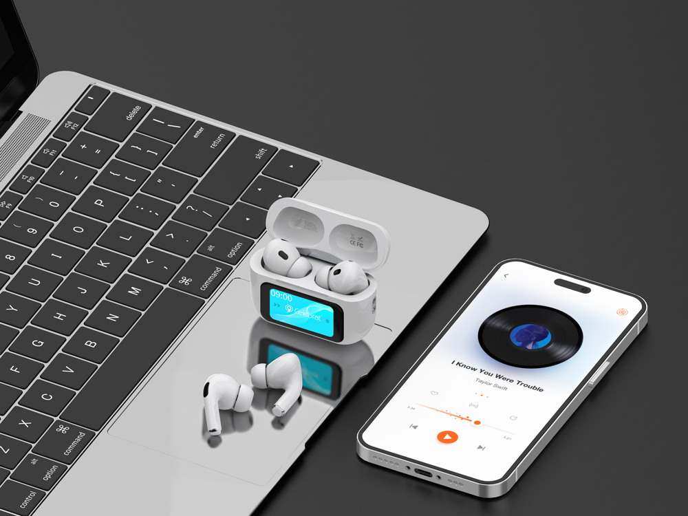 CELEBRAT earphones με θήκη φόρτισης W63, οθόνη αφής, TWS, ANC, 13mm, 30/360mAh, λευκό - Image 3