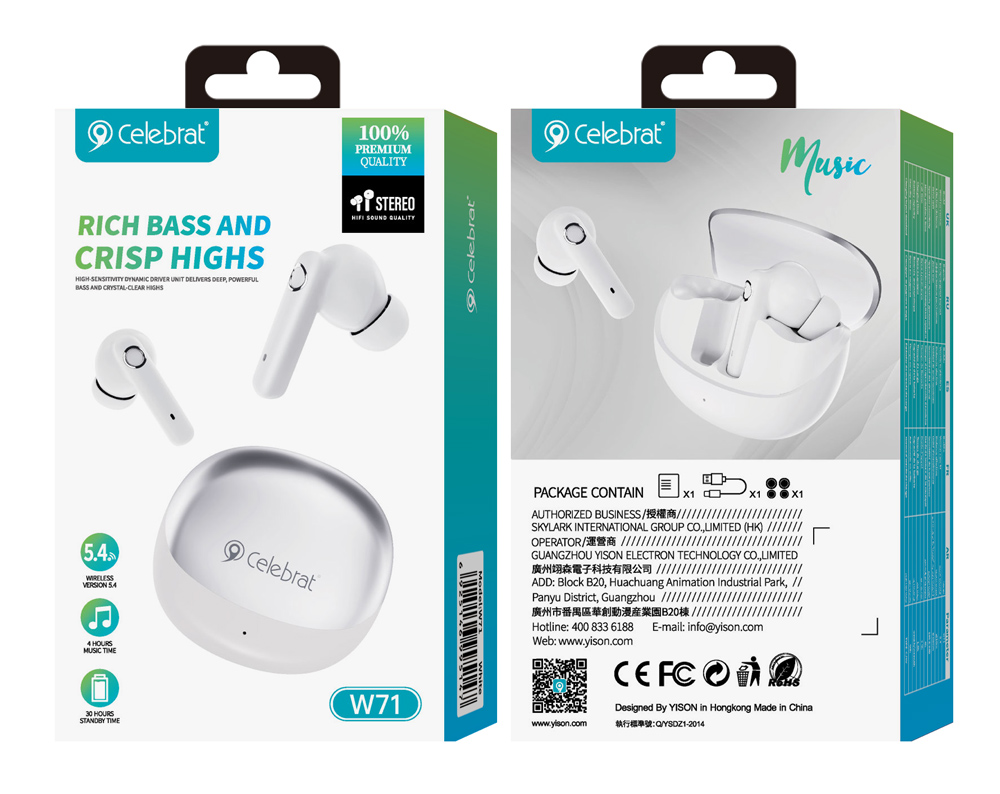CELEBRAT earphones με θήκη φόρτισης W71, True Wireless, 10mm, 30/200mAh, λευκά - Image 4