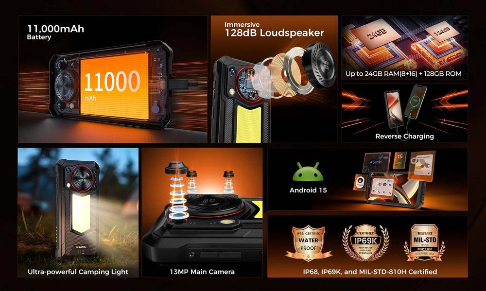 OUKITEL smartphone WP53 με ηχείο 3W, 6.52", 8/128GB, 11000mAh, IP68/IP69K/MIL-STD-810H, μαύρο - Image 2