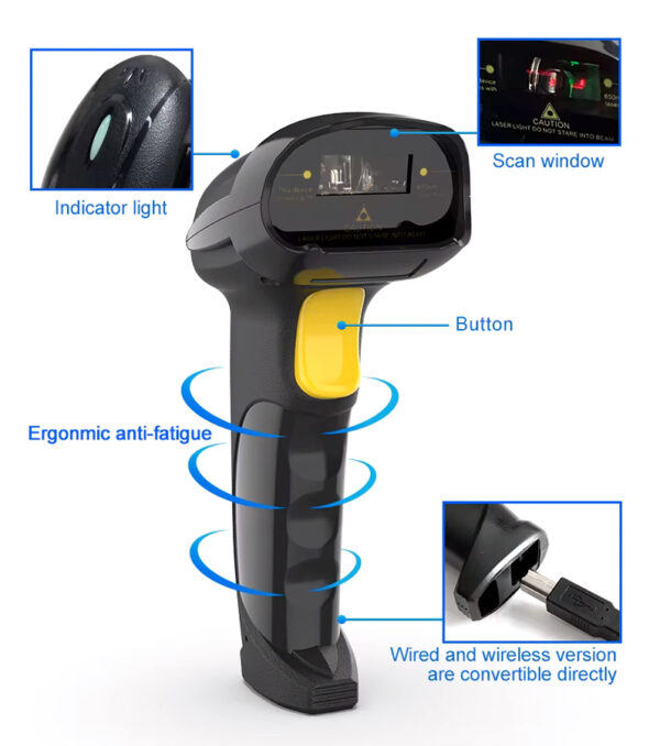 GTCODESTAR barcode scanner X-620F, 1D, ενσύρματο & ασύρματο, 800mAh, μαύρο - Image 5